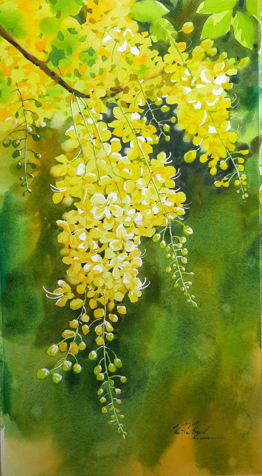Floral wall art with cascading yellow blossoms and green foliage