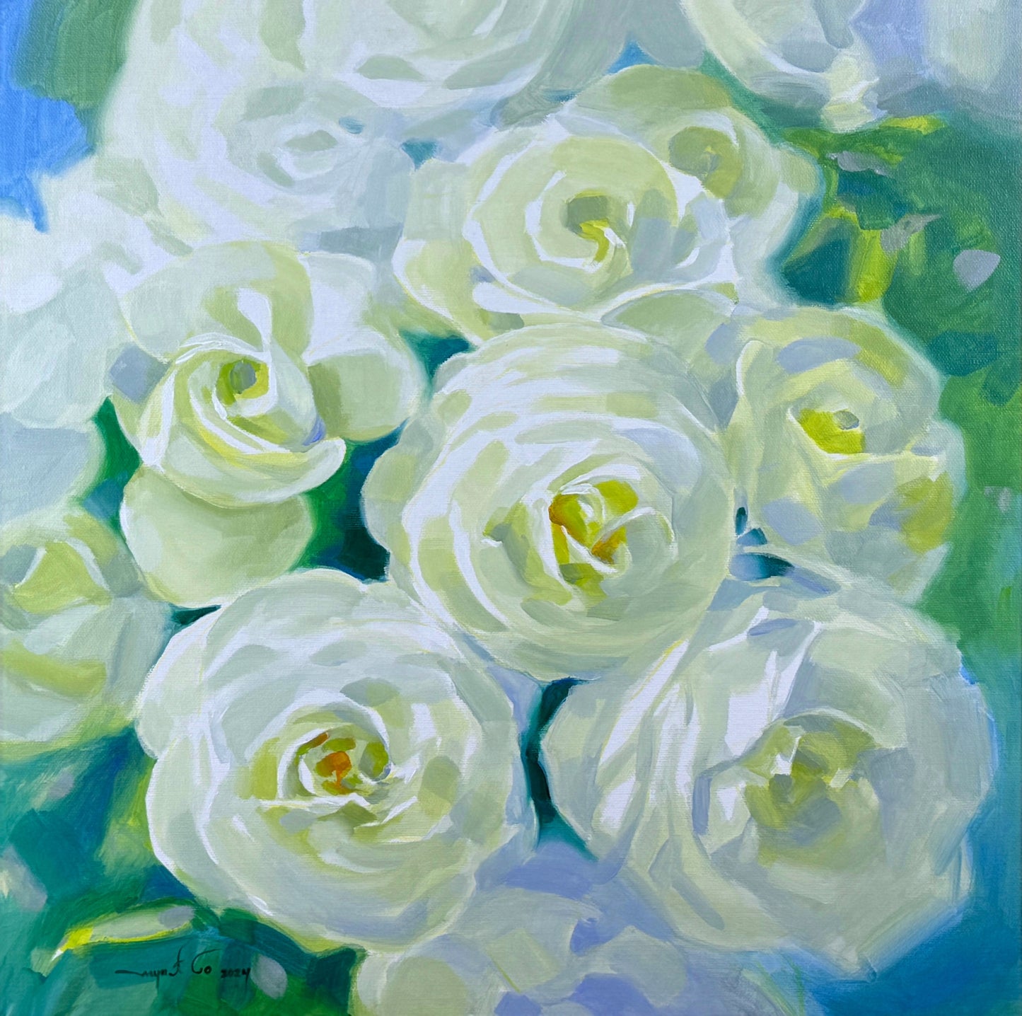 Rose-themed canvas print with pale white and light green roses in layered brushstrokes