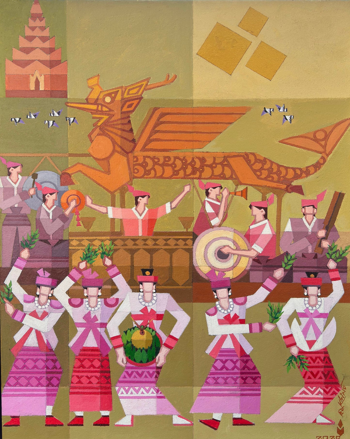 Traditional dance festival illustration with group of colorful dancers in patterned outfits