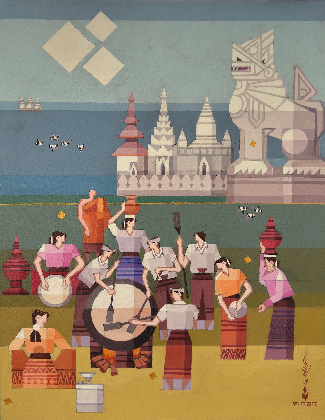 Traditional festival illustration print with musicians and dancers in vibrant clothing