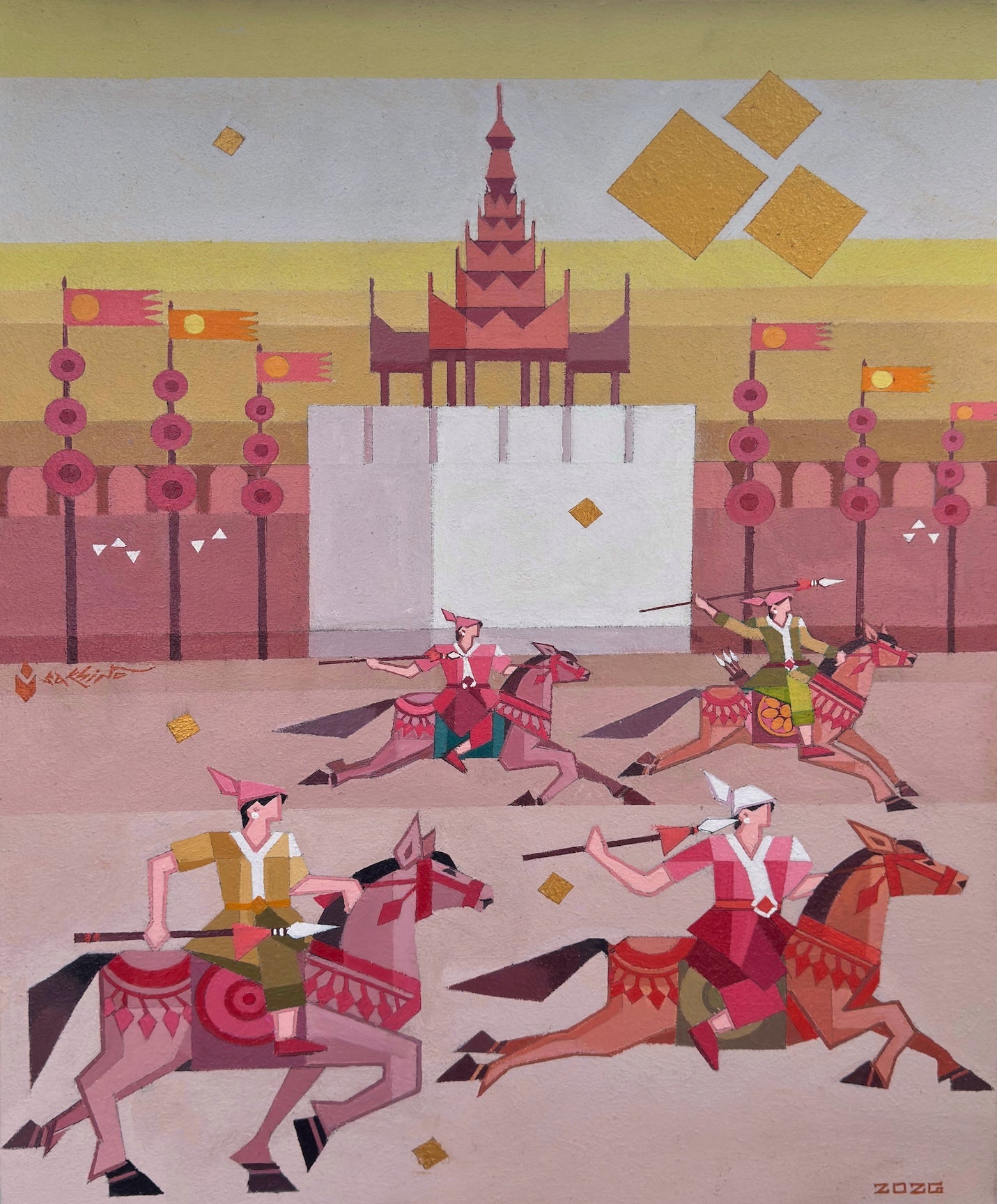 Illustrated festival artwork with horse riders, castle background, and floating gold shapes