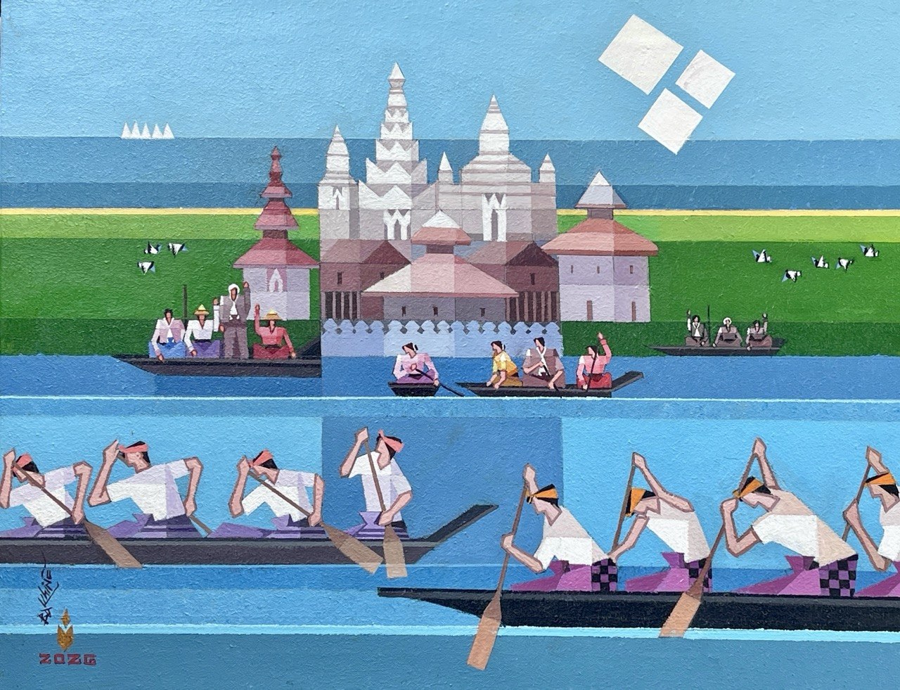 Rowing competition artwork with boats and paddlers on water