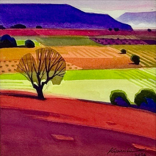 Colorful landscape art print with whimsical hills, trees, and red road