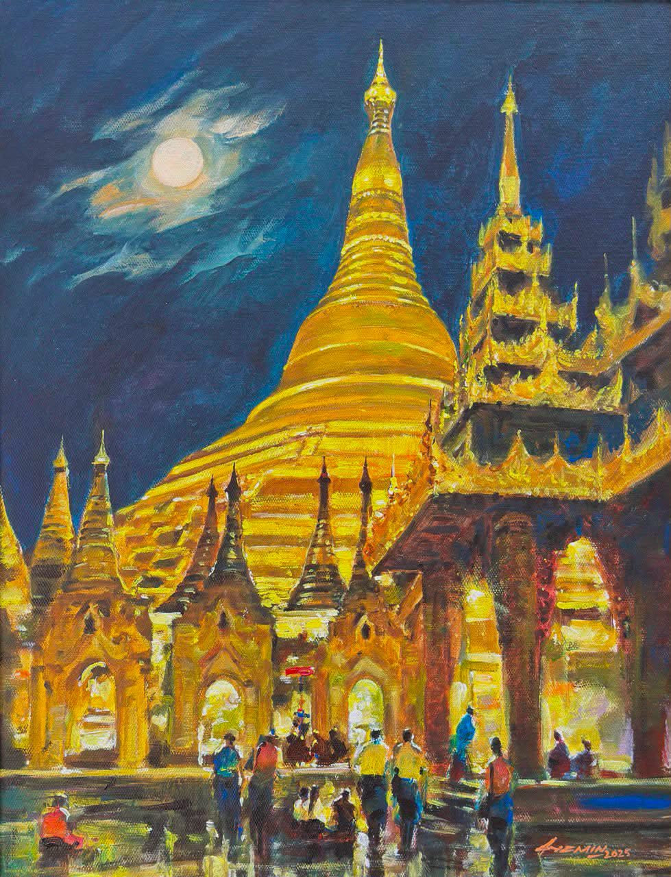 Golden pagoda wall art showing temple complex with small figures in courtyard
