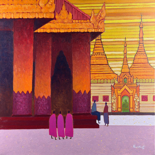 Temple-themed wall art print with golden skyline, domes, and small people