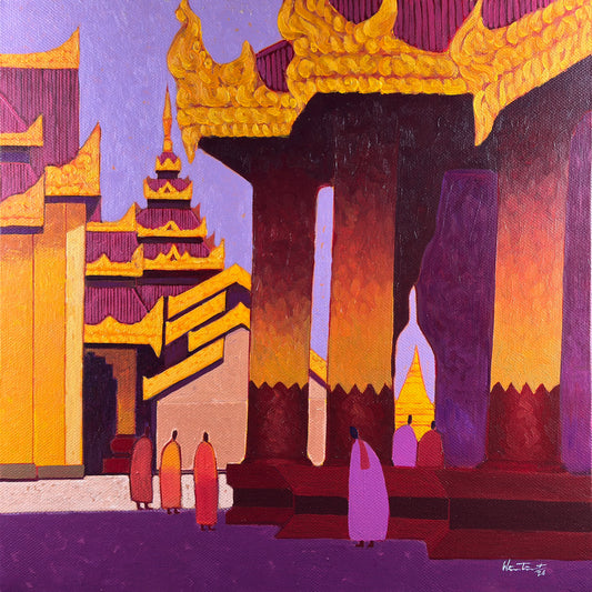 Golden temple wall art with ornate columns and statues
