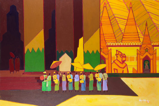 Colorful illustrated wall art print with people, pyramids, and tall buildings