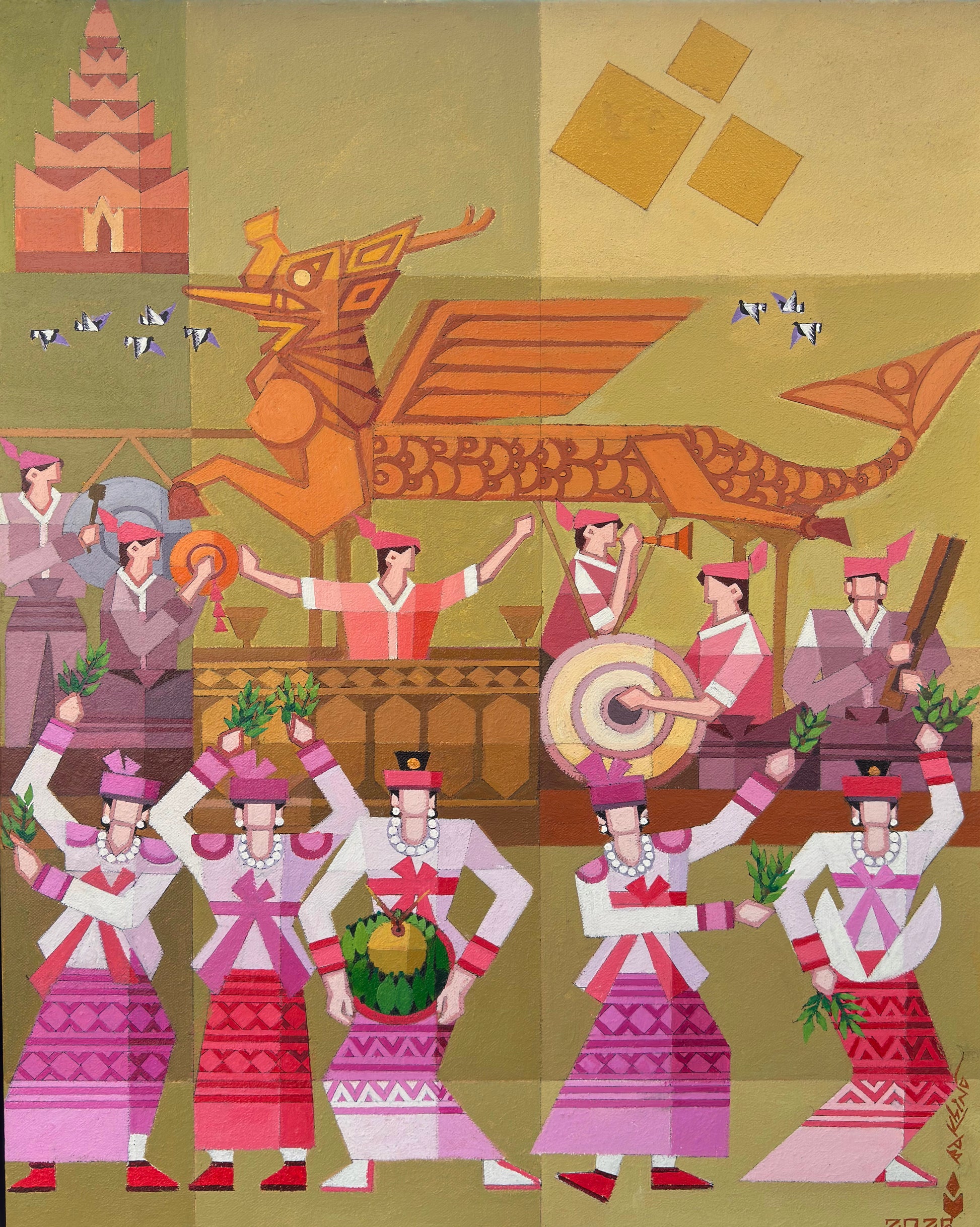 Traditional dance festival illustration with group of colorful dancers in patterned outfits
