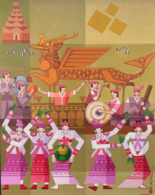 Traditional dance festival illustration with group of colorful dancers in patterned outfits