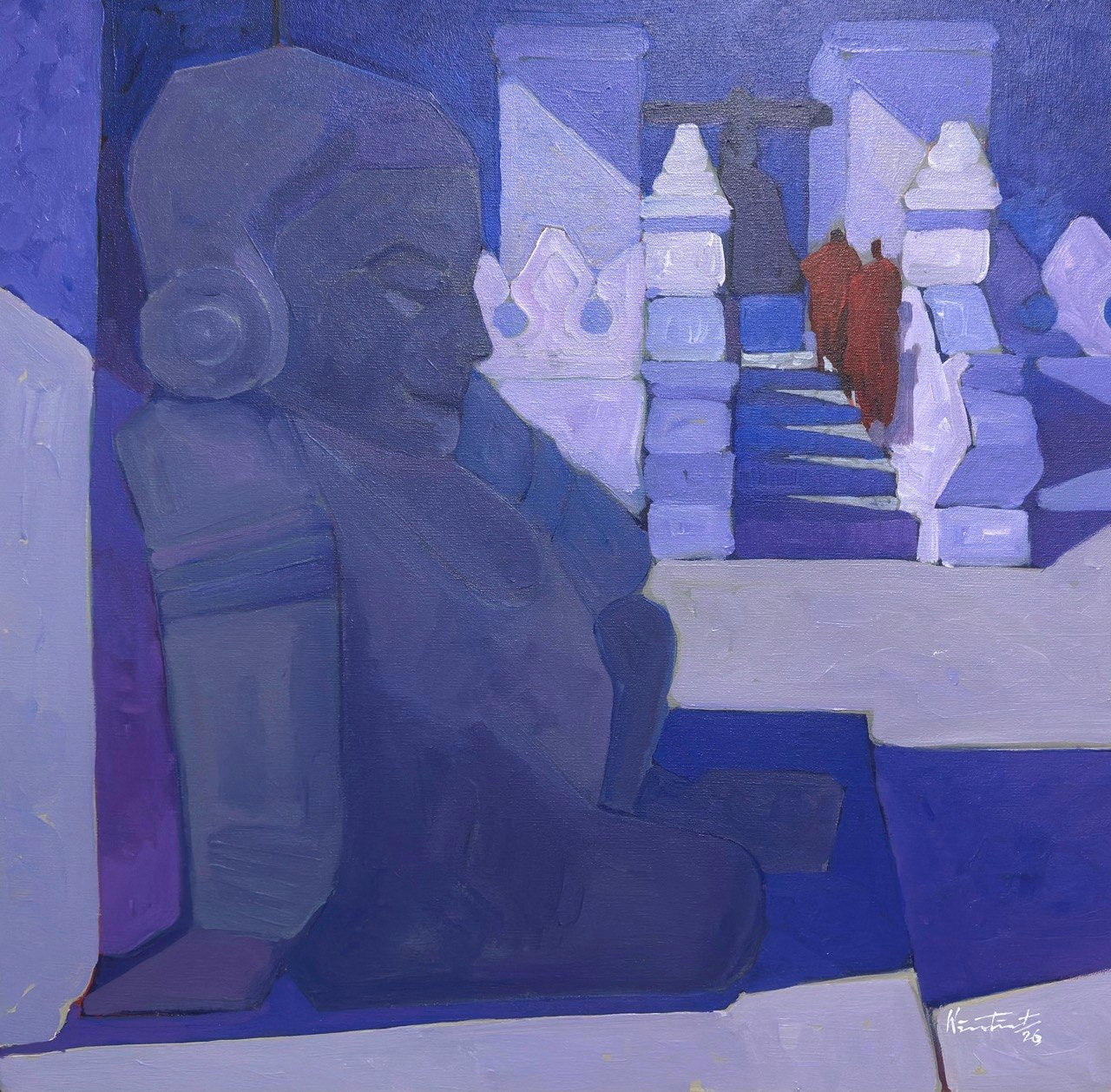 Abstract painting featuring a seated figure beside stacked block shapes