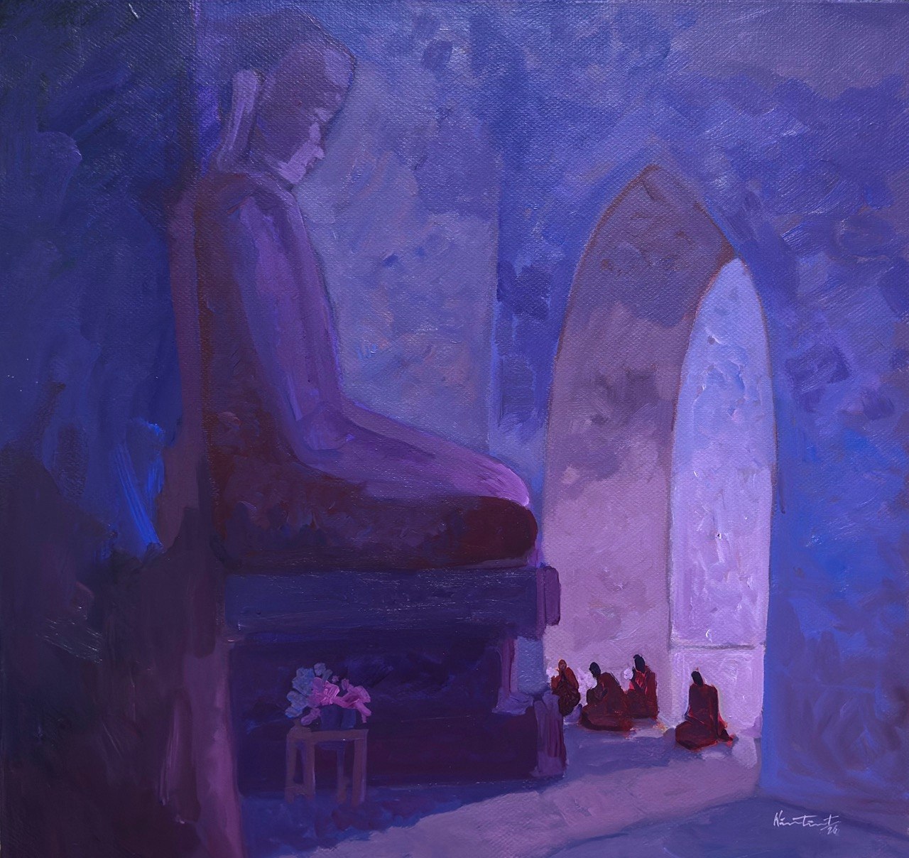 Landscape wall art painting with seated figure beside an arched doorway