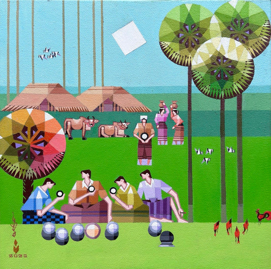 Colorful illustrated village scene with people, animals, and large round pinwheels